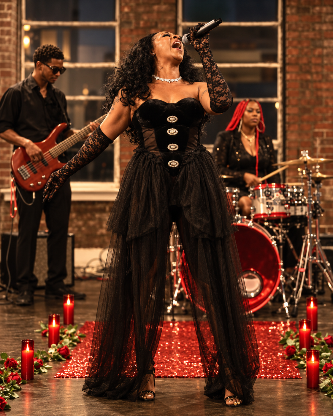 Tori Be commanding the stage during a theatrical performance